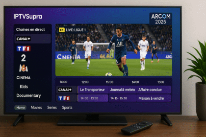 Écran TV montrant un match de Ligue 1 en 4K via l’interface IPTV Supra sur Firestick, avec guide EPG Canal+, TF1, M6 – IPTV légal conforme ARCOM 2025.