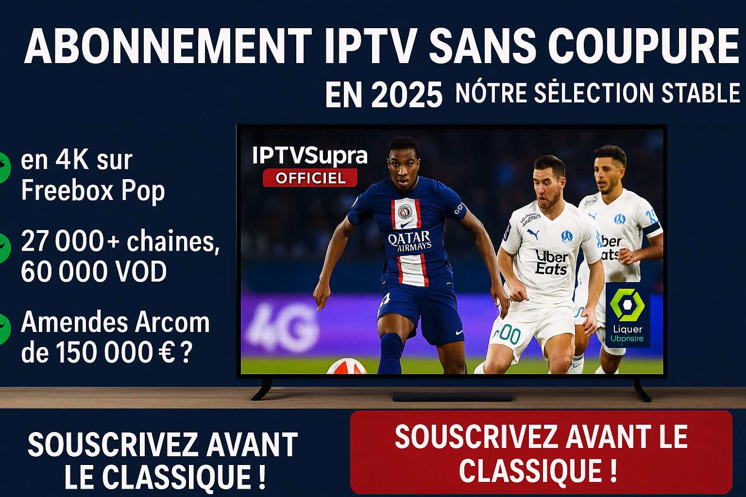 Le meilleur IPTV stable en 2025 pour Ligue 1 (PSG-OM), F1 et NBA en 4K.