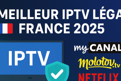 Image promotionnelle comparant les meilleurs services IPTV légaux en France 2025, avec les logos de myCanal, Molotov.tv, Netflix et Disney+, un écran TV affichant "IPTV", un bouclier de sécurité avec une coche, le drapeau français et un bandeau jaune indiquant "Comparatif officiel & prix" – alerte sur les risques juridiques (375 000 € d’amende).